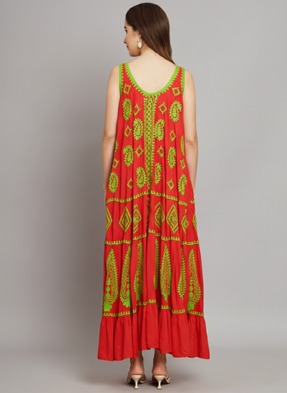 Hand Embroidered Chikankari Modal Kaftan-AL3605A Red