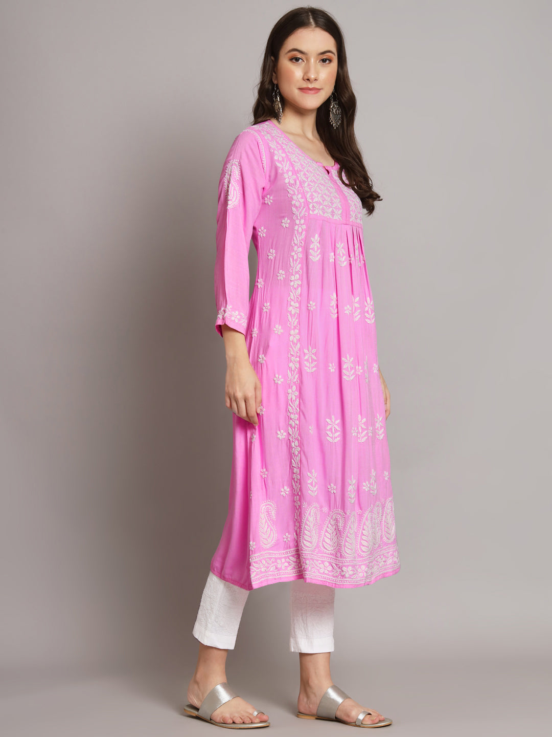 Women Hand Embroidered Chikankari Rayon Kurta-AL3549 Darkpink