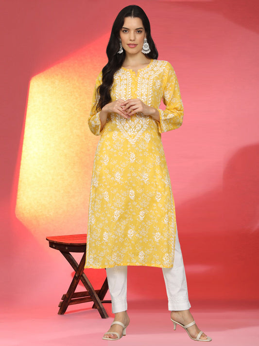 Women Hand Embroidered Chikankari Mulmul Cotton Printed Kurta-AL4041 Yellow