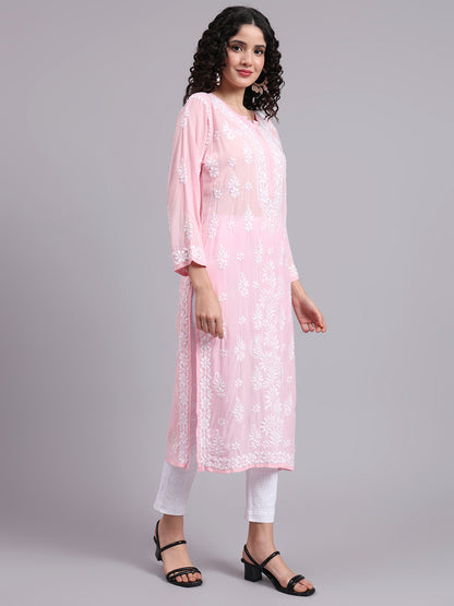 Women Hand Embroidered Chikankari Modal Kurta-AL4042 Pink