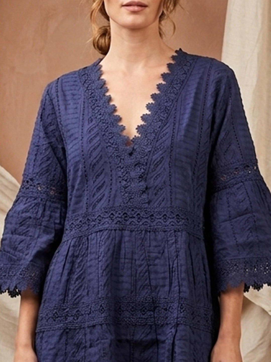 Women Embroidered  Scalloped Lace Trim Cotton Midi Dress -AL3703 Navy
