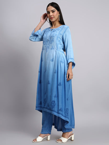 Women Hand Embroidered Chikankari Muslin Kurta Set-AL4101KS Blue