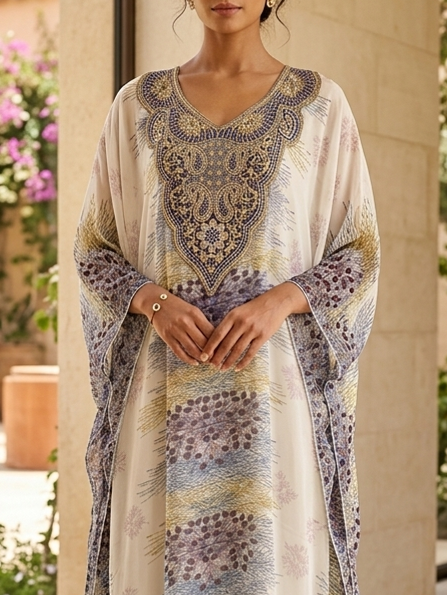 Women Floral Embroidered Chiffon Kaftan-AL3831