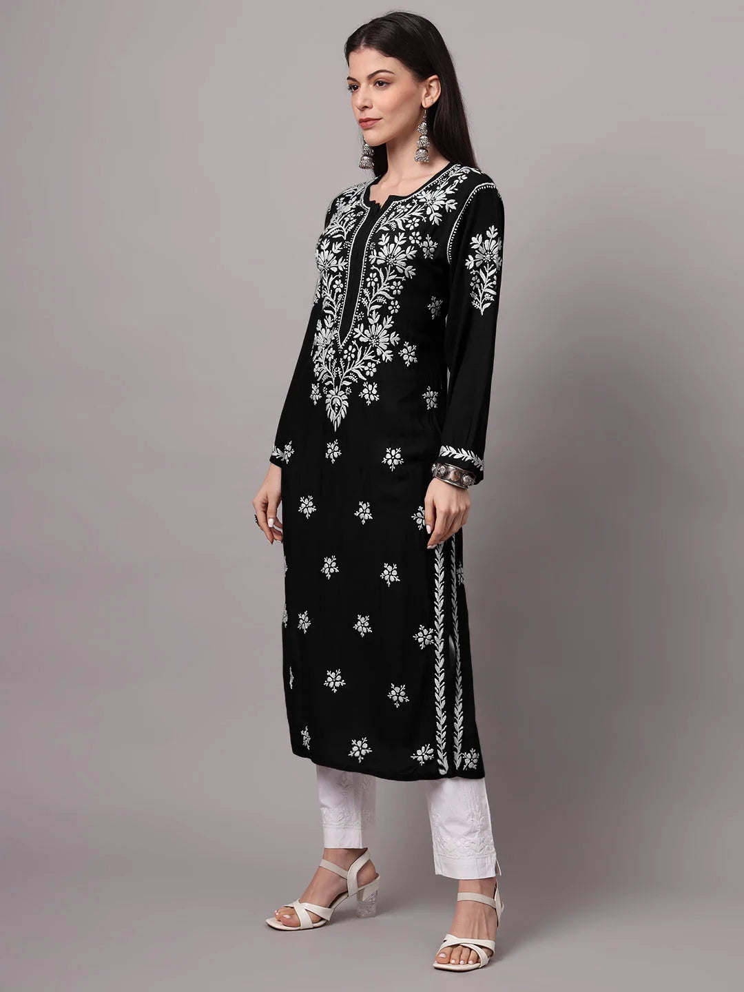 Women Hand Embroidered Modal Chikankari Kurta-AL4059 Black