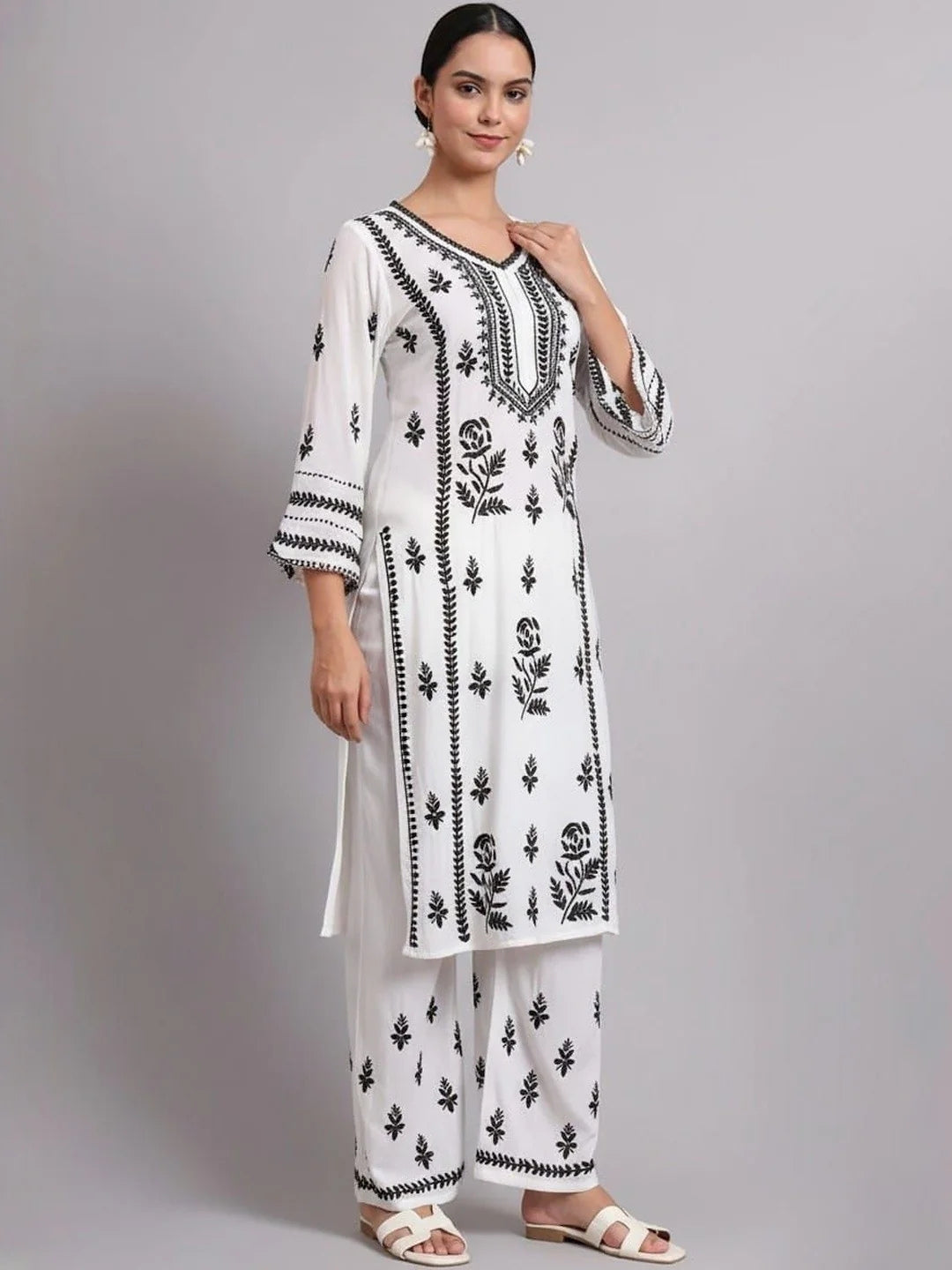 Women Hand Embroidered Lucknowi Chikankari Rayon Kurta Set-AL4078KS White & Black