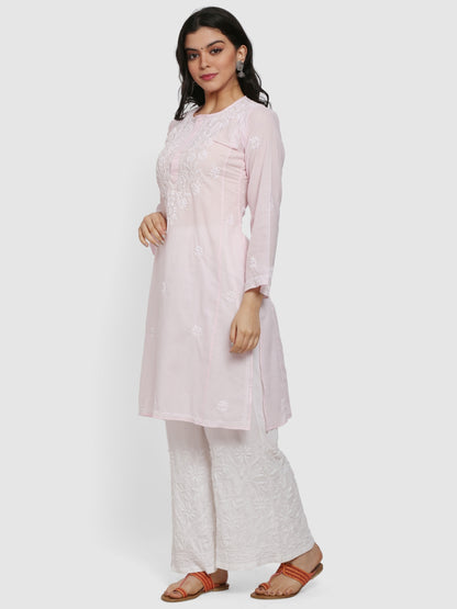 Hand Embroidered Chikankari Cotton Straight Kurta --ALNTV115 Babypink