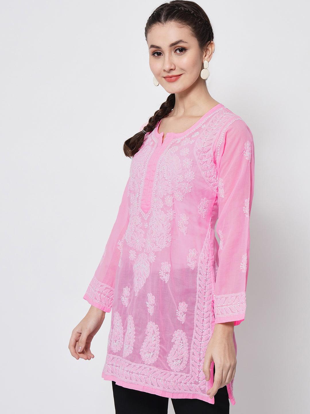 Hand Embroidered Chikankari Cotton Straight Kurti-AL3595 Darkpink