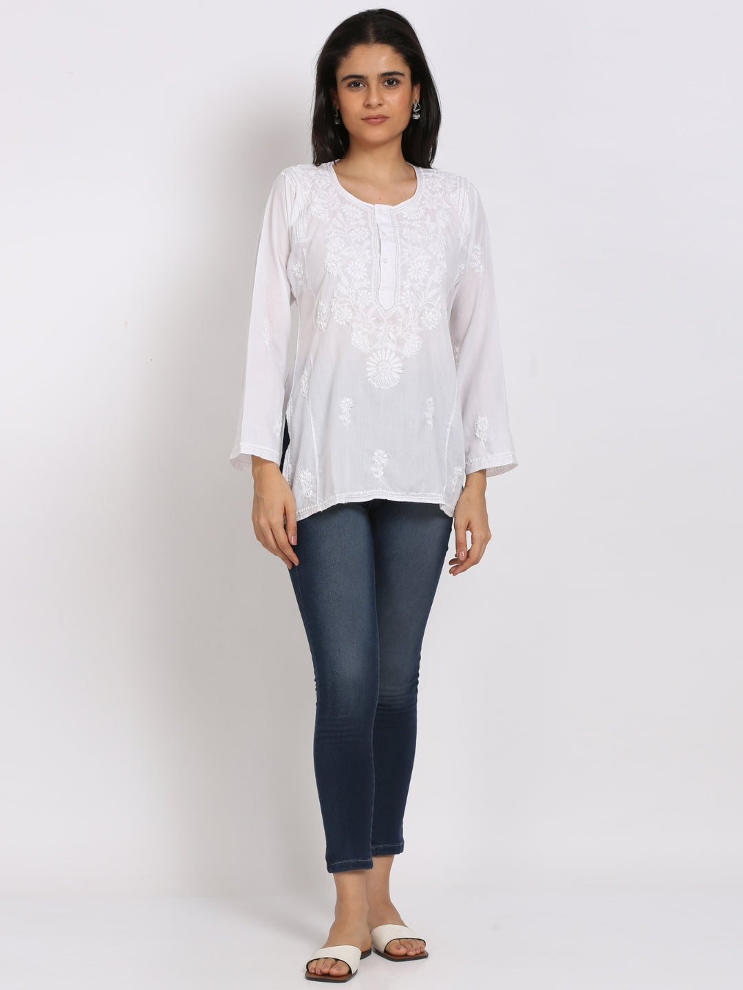 Women Hand Embroidered Chikankari Cotton Kurti-ALSTV115 White