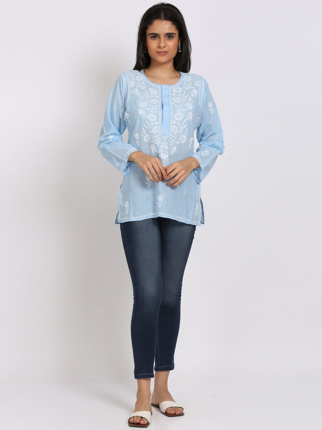 Women Hand Embroidered Chikankari Cotton Kurti-ALSTV115 Denimblue