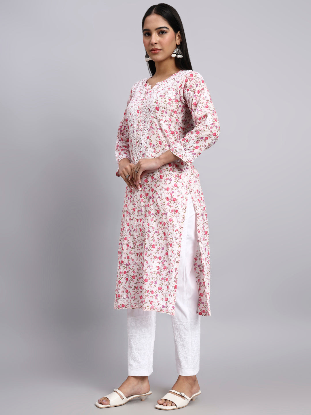 Hand Embroidered Chikankari Cotton Kurta-AL4105 Pink