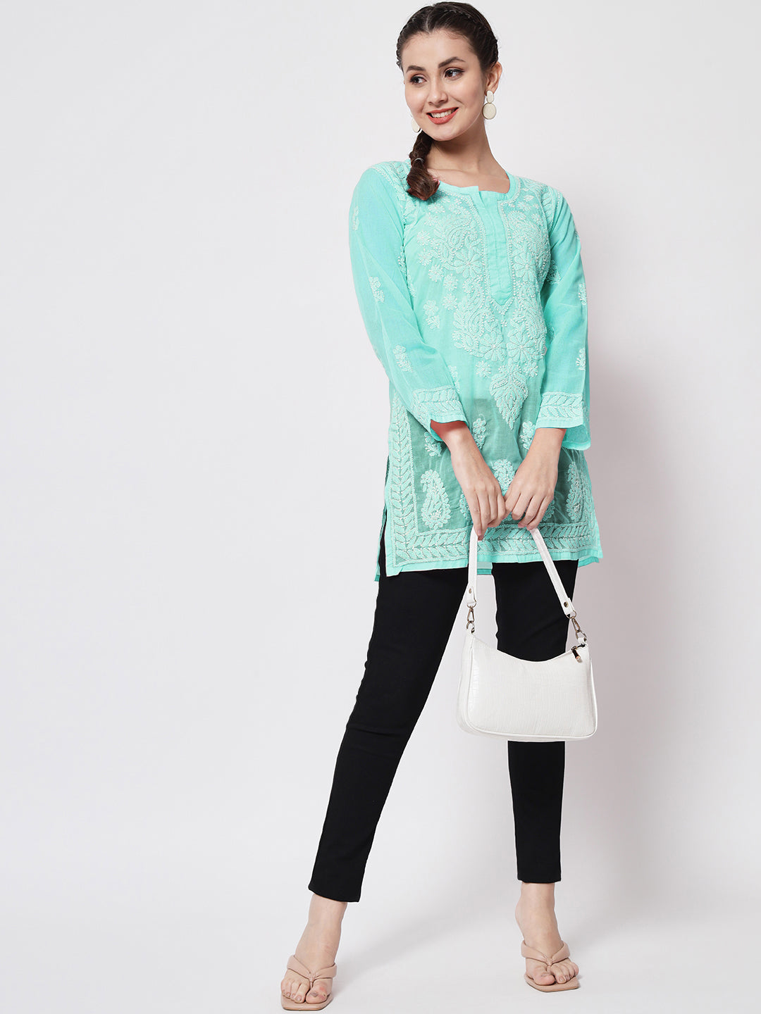 Hand Embroidered Chikankari Cotton Straight Kurti-AL3595 Darkseagreen