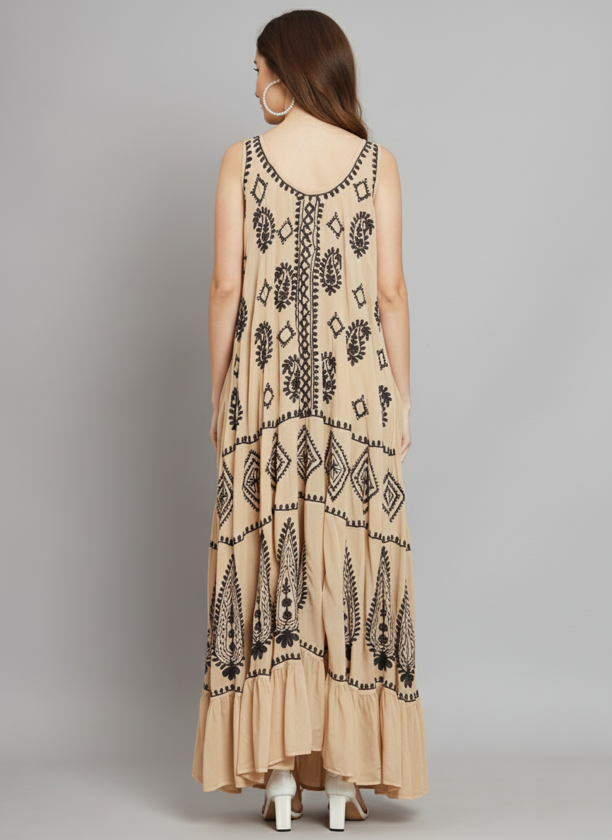 Hand Embroidered Chikankari Modal Kaftan-AL3605A Beige