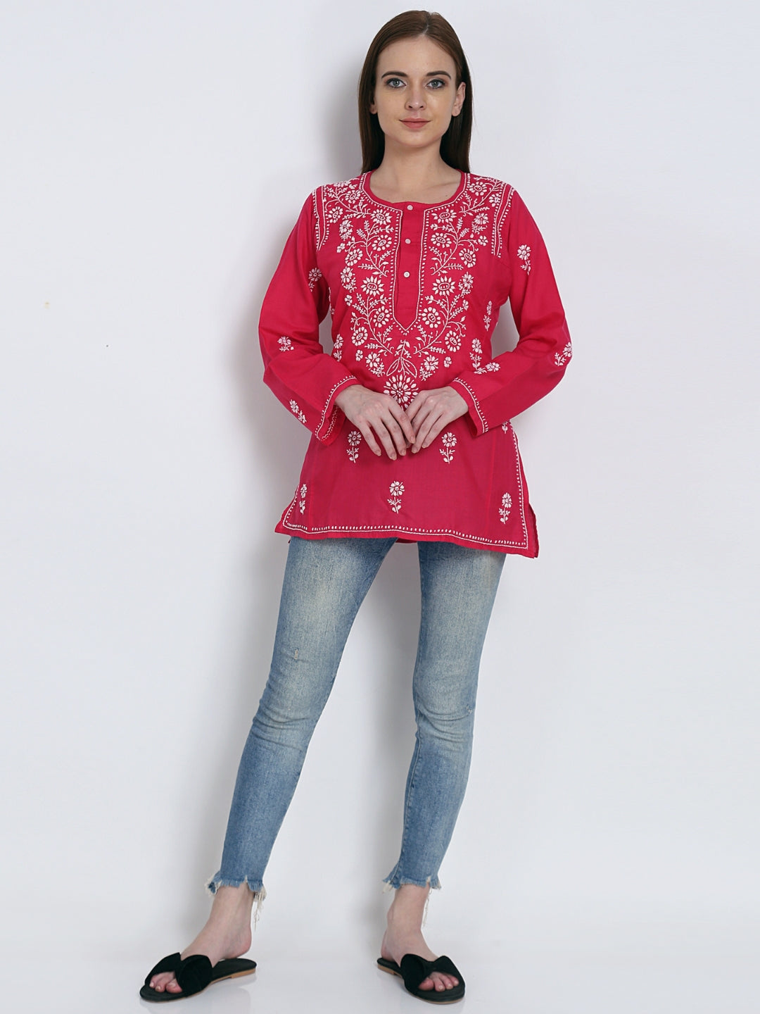 Women Hand Embroidered Chikankari Cotton Kurti-ALSTV115 Magenta