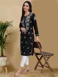 Hand Embroidered Chikankari Cotton Straight Kurta-AL3997 Black