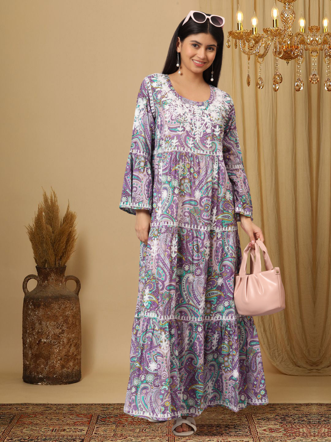 Hand Embroidered Chikankari A-Line Gathering Pattern Mulmul Cotton Jalabiya-AL3673 Lavender & Green