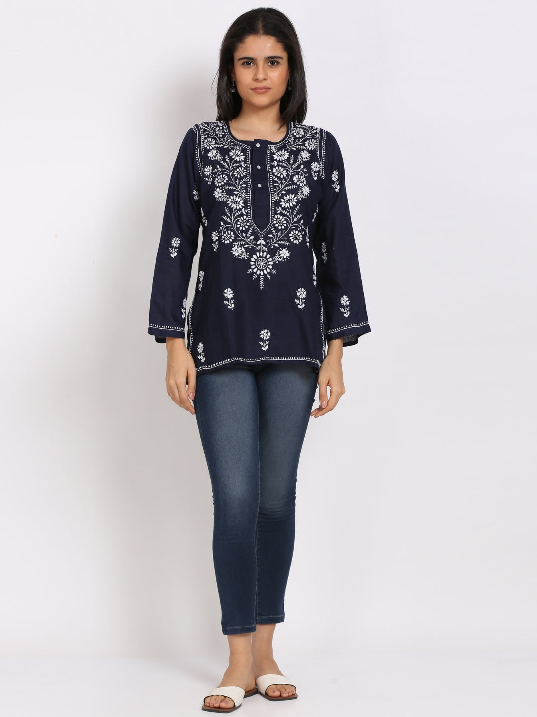 Women Hand Embroidered Chikankari Cotton Kurti-ALSTV115 Navy
