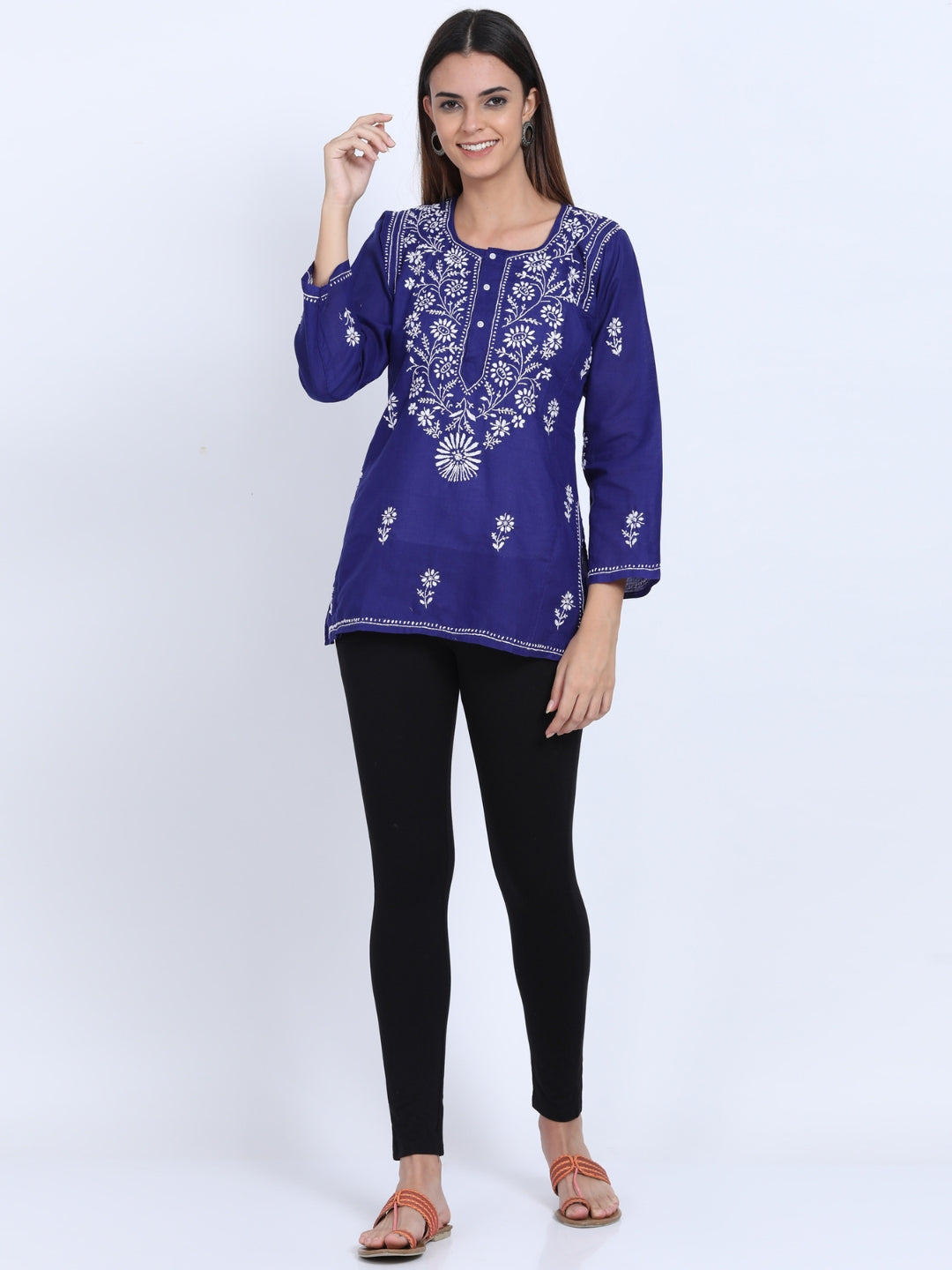 Women Hand Embroidered Chikankari Cotton Kurti-ALSTV115 Darkblue