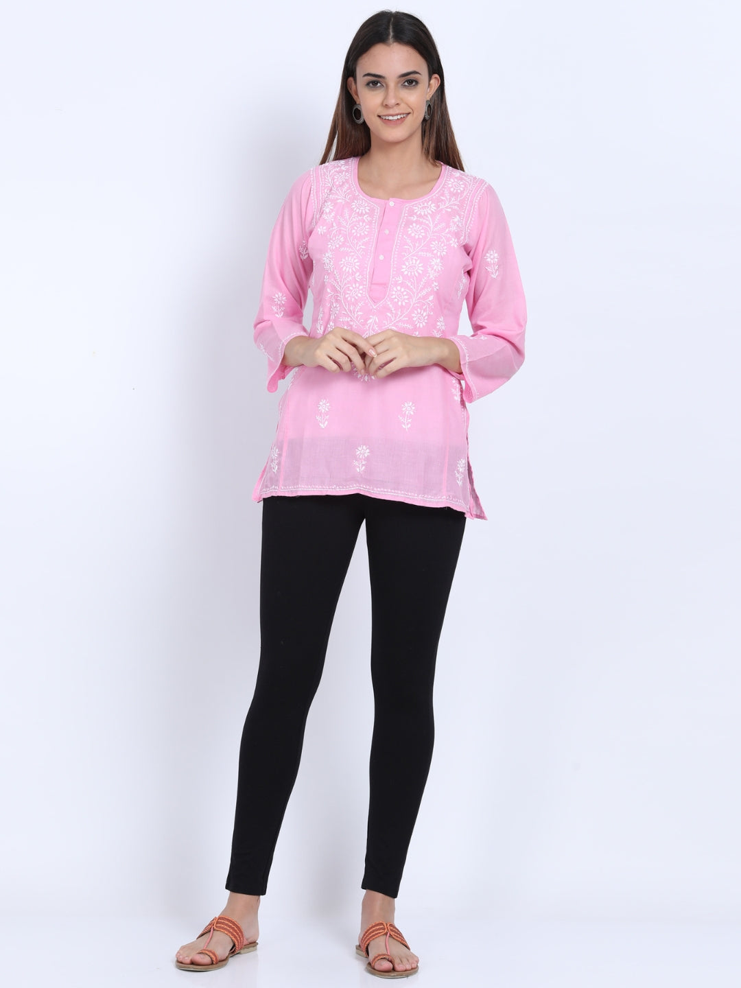 Women Hand Embroidered Chikankari Cotton Kurti-ALSTV115 Pink