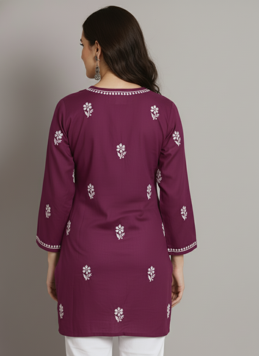 Women Hand Embroidered Modal Chikankari Kurti-AL3611 Burgundy