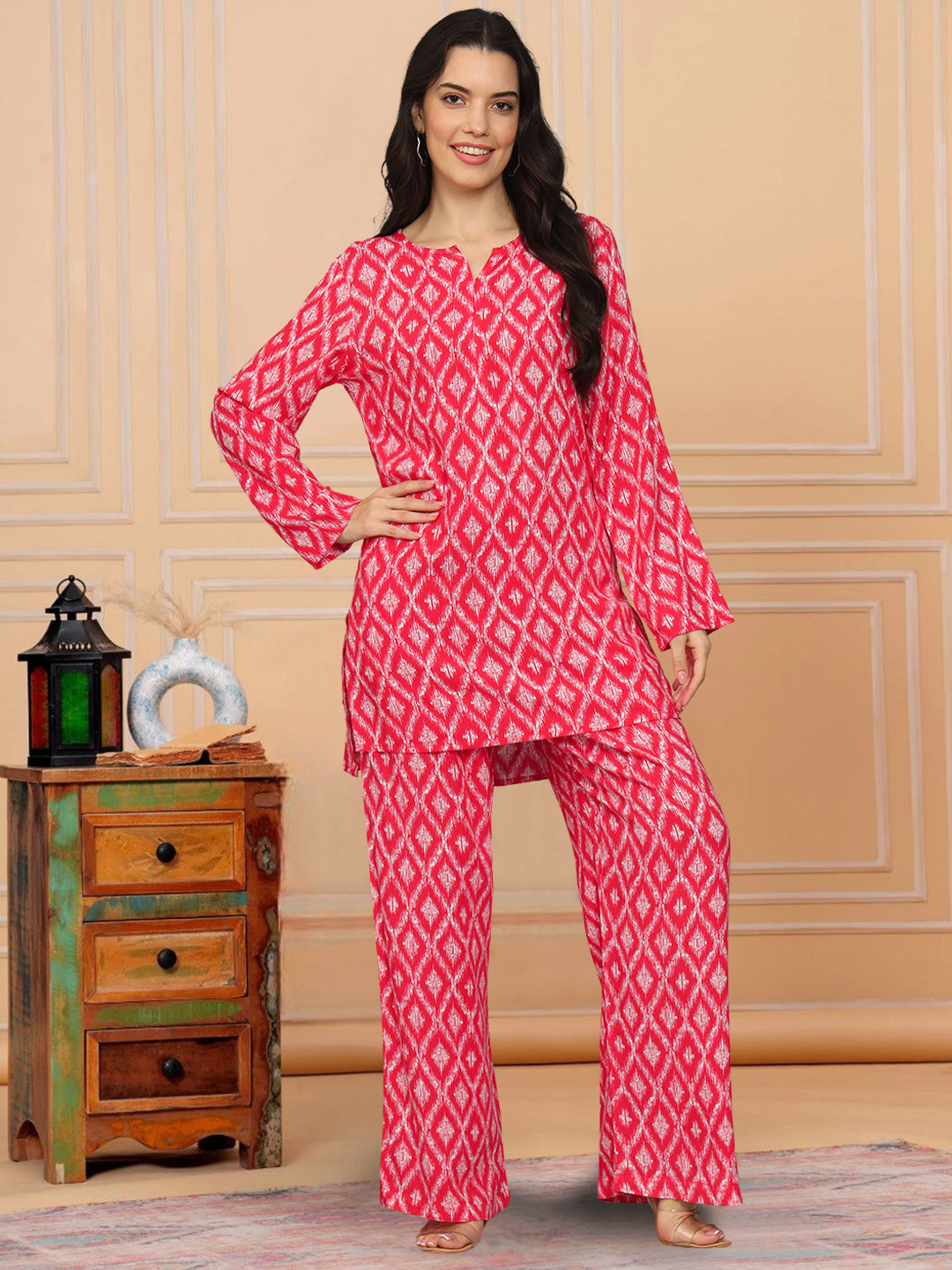 Printed Rayon Co-Ord Set for Women-AL4000 Red