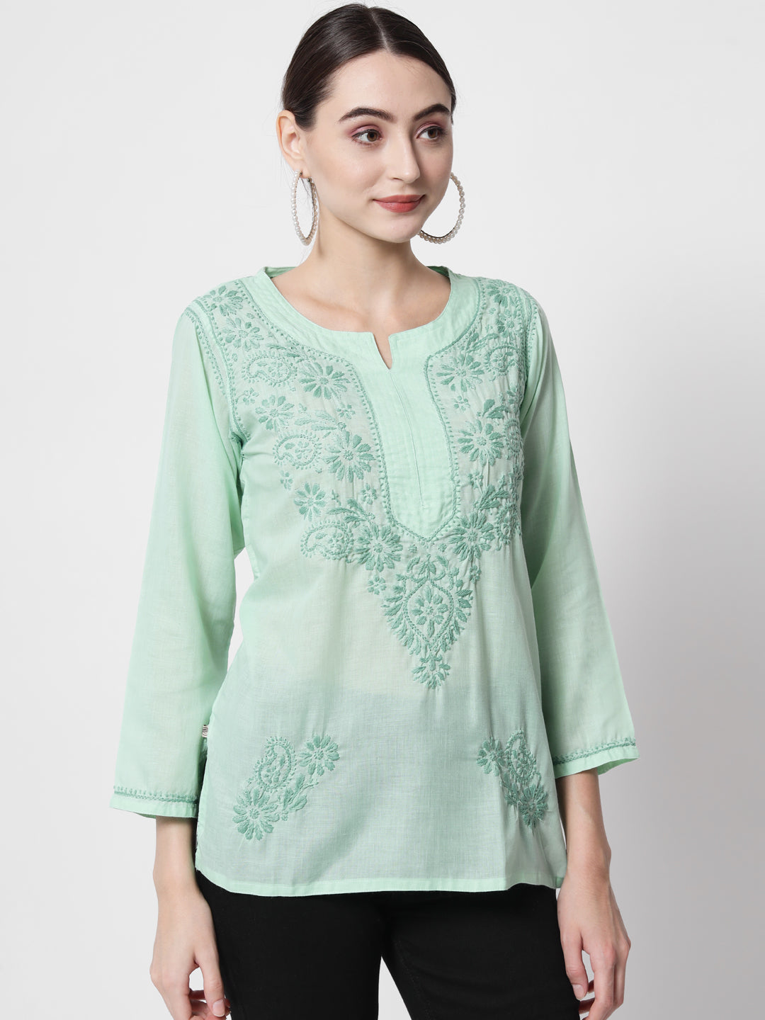Hand Embroidered Chikankari Cotton Straight Kurti-AL3405 Green