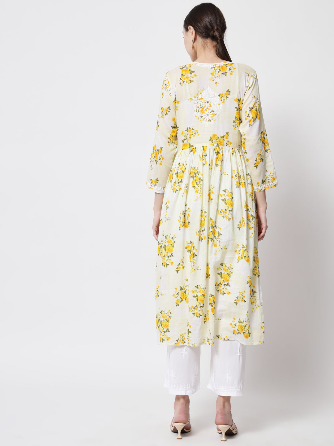 Women Hand Embroidered Chikankari Cotton Kurta-AL3583 Yellow