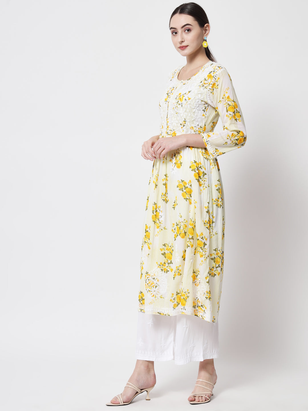 Women Hand Embroidered Chikankari Cotton Kurta-AL3583 Yellow