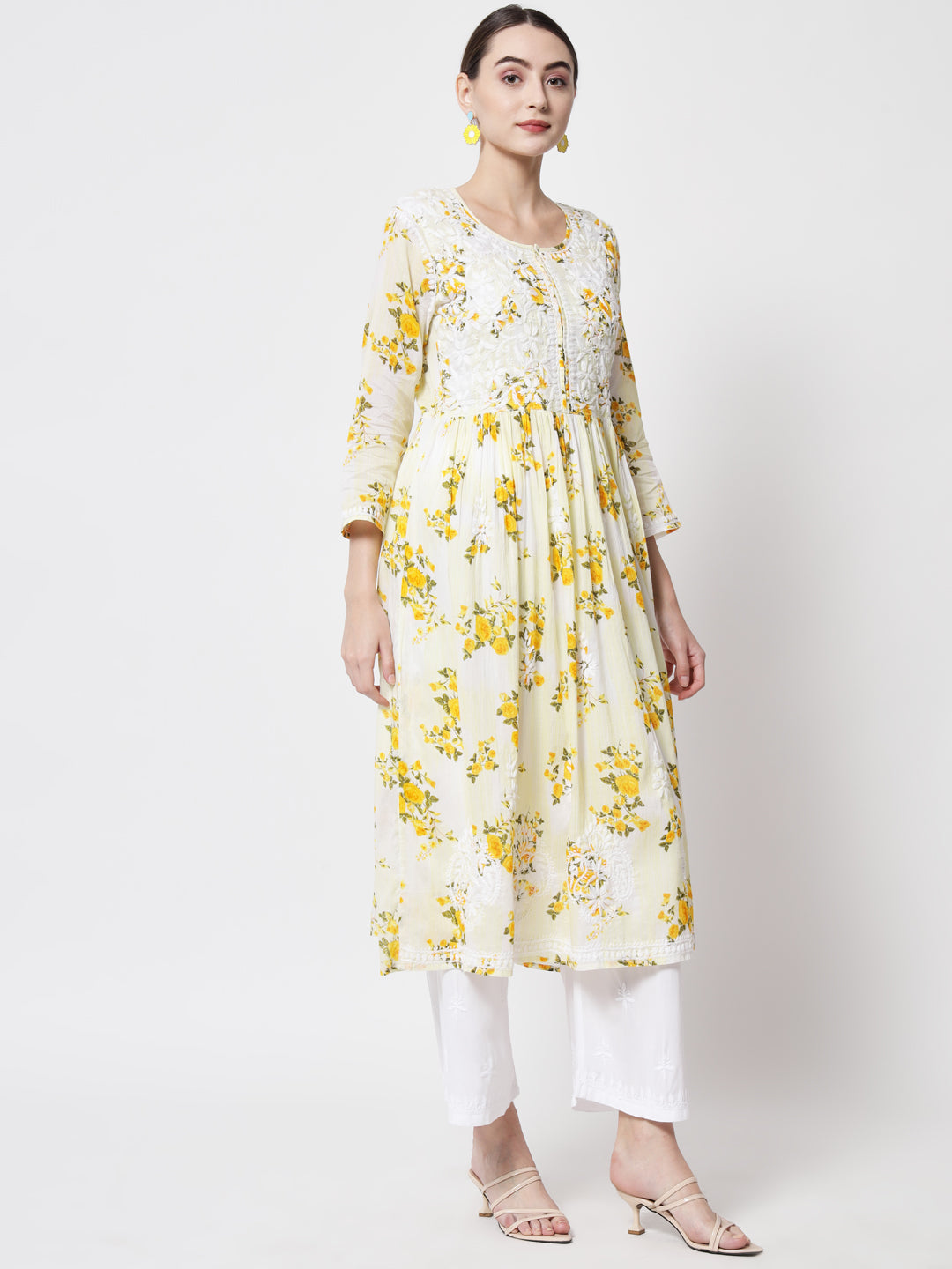 Women Hand Embroidered Chikankari Cotton Kurta-AL3583 Yellow