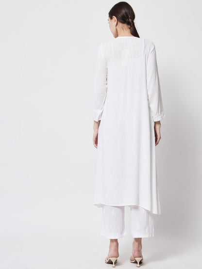 Women Hand Embroidered Chikankari Rayon Kurta-AL3549 White