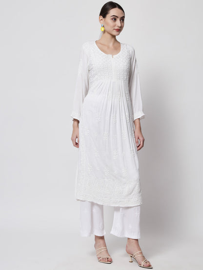 Women Hand Embroidered Chikankari Rayon Kurta-AL3549 White