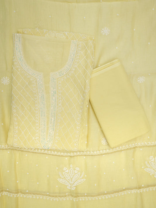 Women Hand Embroidered Premium Chikankari Mul Chanderi Unstitched Kurta Dupatta Bottom Set-ALSCA85201FS Yellow