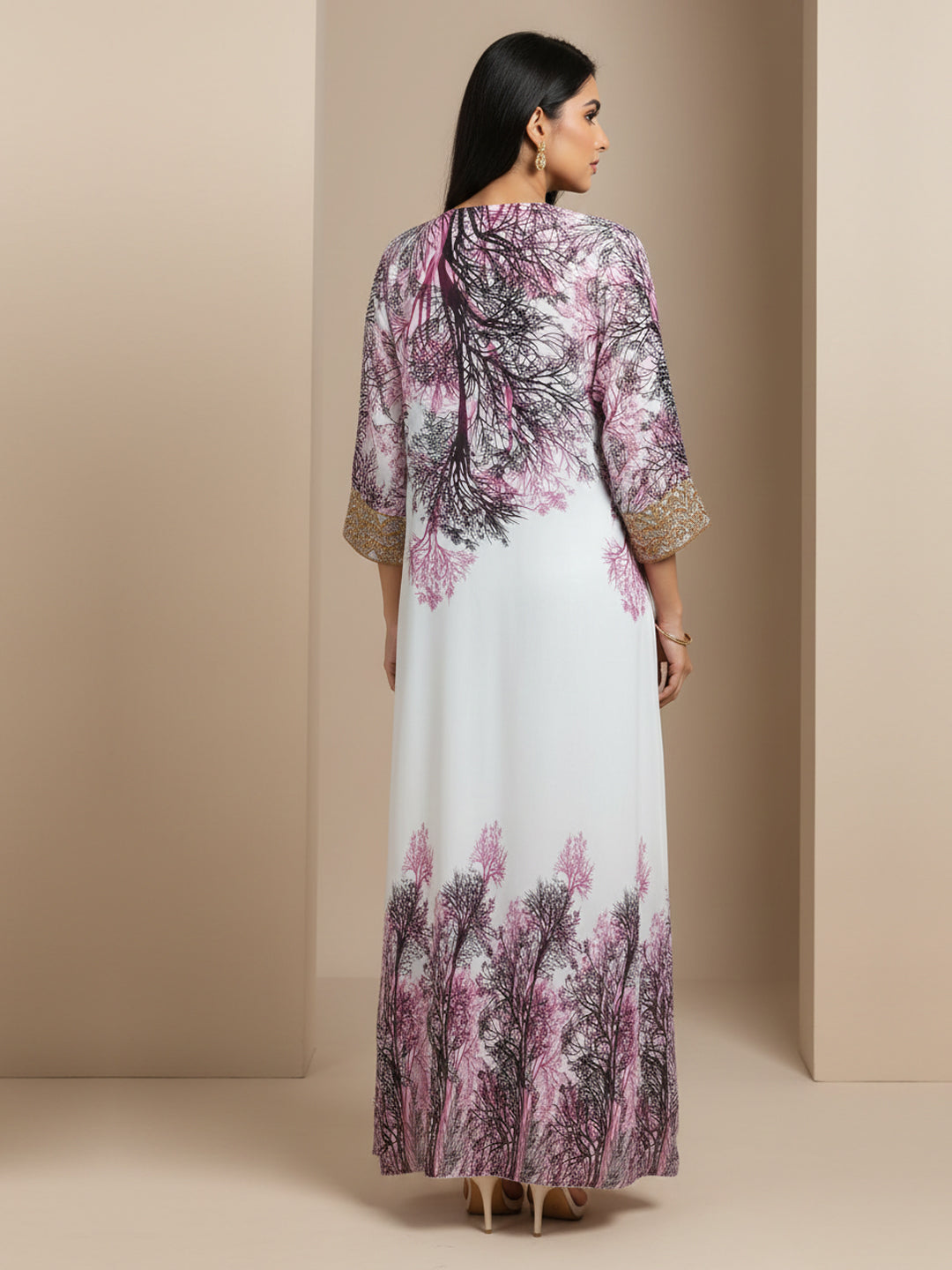 Women Floral Embroidered Chiffon Jalabiya-AL3830 Wine