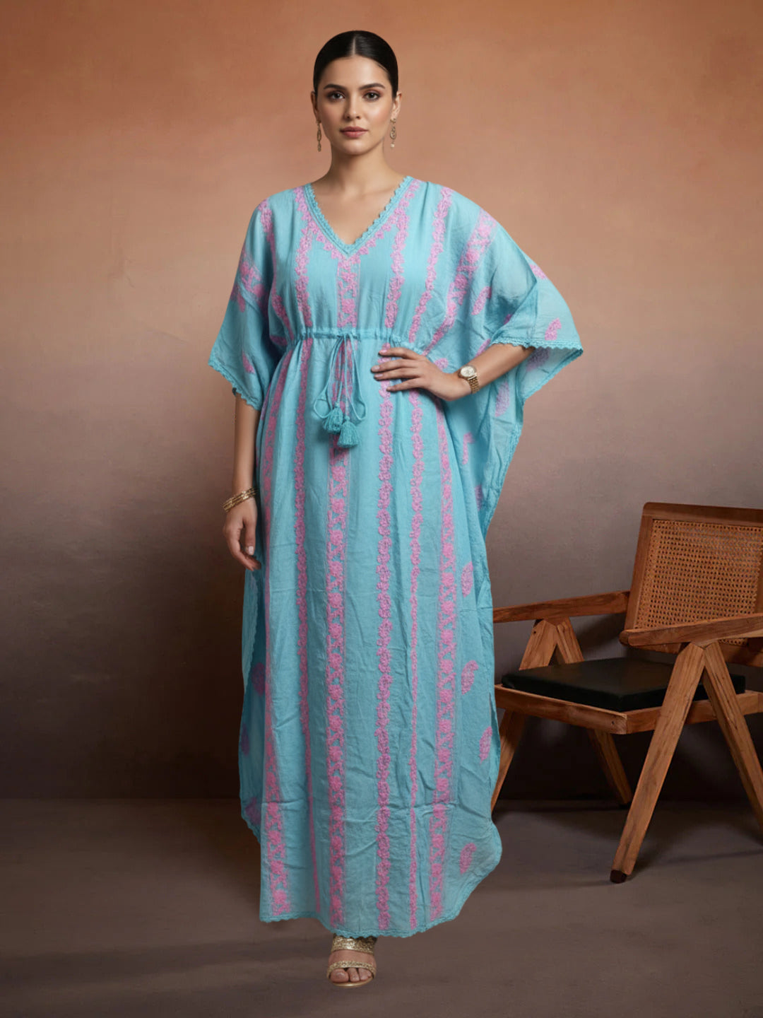 Hand Embroidered Chikankari Rayon Kaftan-AL3474 Pink