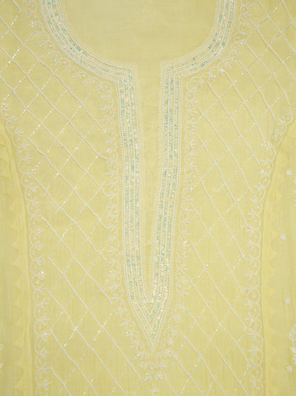 Women Hand Embroidered Premium Chikankari Mul Chanderi Unstitched Kurta Dupatta Bottom Set-ALSCA85201FS Yellow