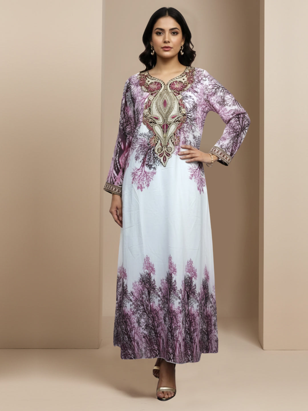 Women Floral Embroidered Chiffon Jalabiya-AL3830 Wine