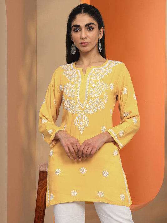 Women Hand Embroidered Chikankari Modal Kurti-AL3611 Yellow