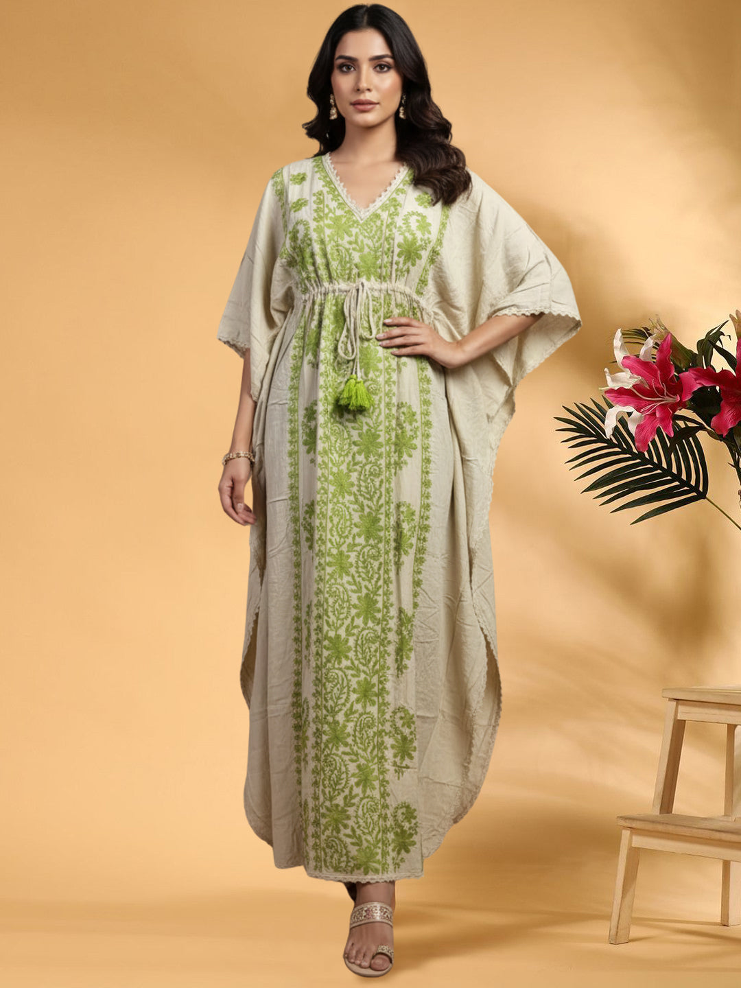 Hand Embroidered Chikankari Rayon Kaftan-AL3475 Green