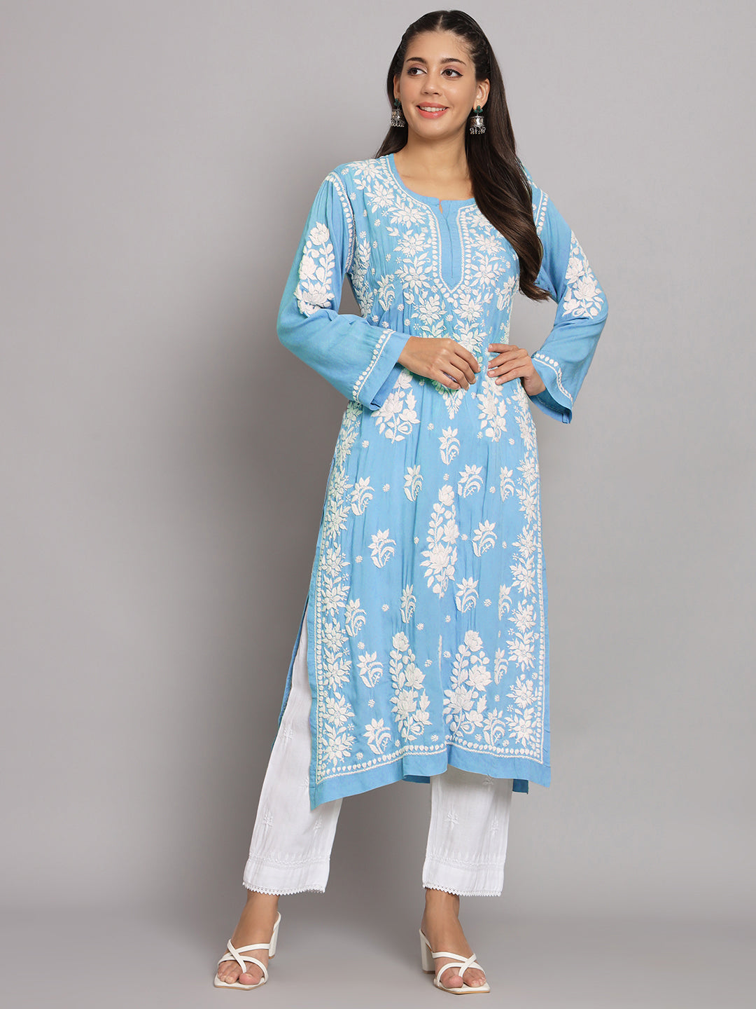 Hand Embroidered Chikankari Modal Straight Kurta-AL3682