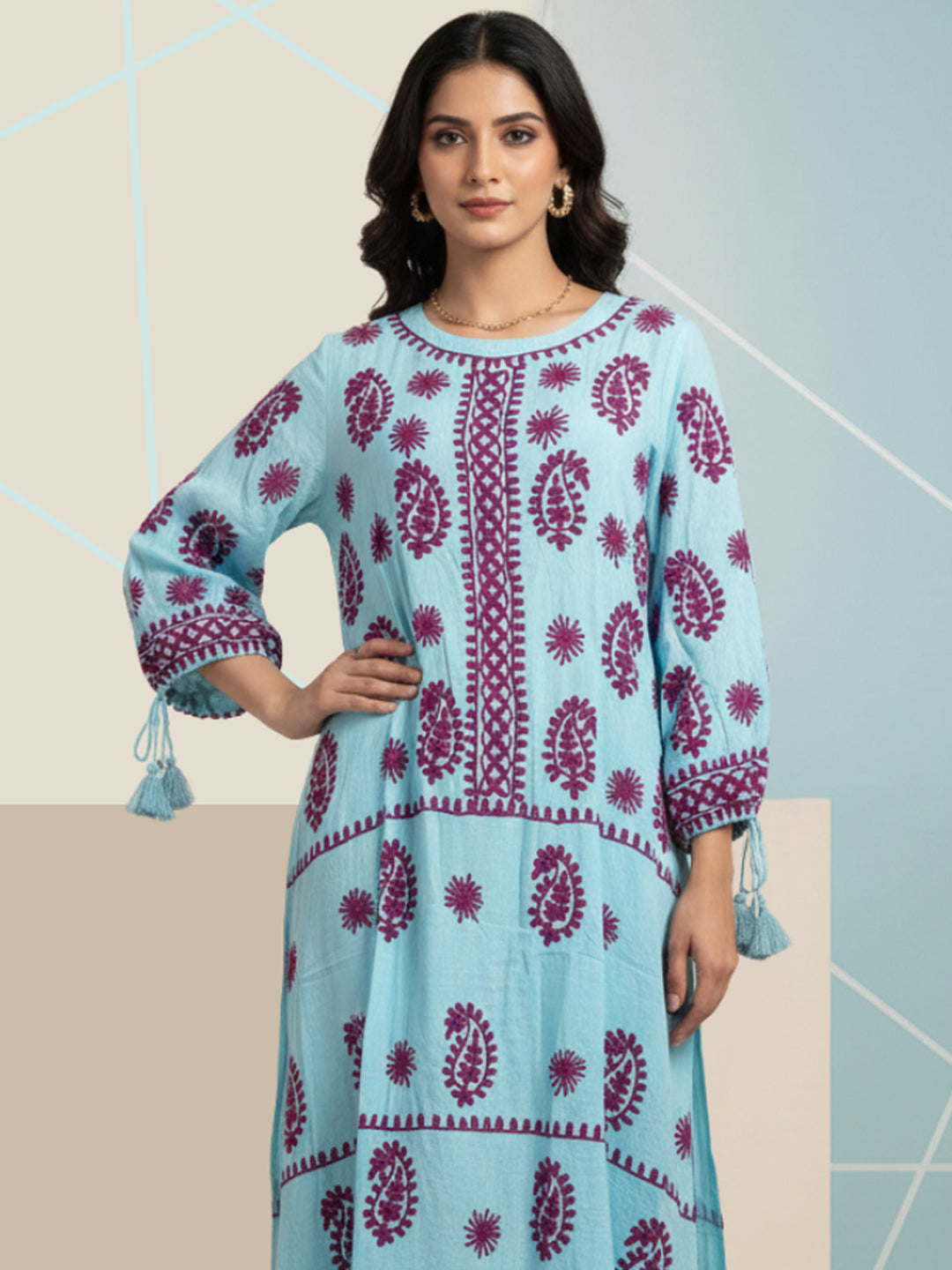 Hand Embroidered Chikankari Rayon Jalabiya-AL4048 Blue