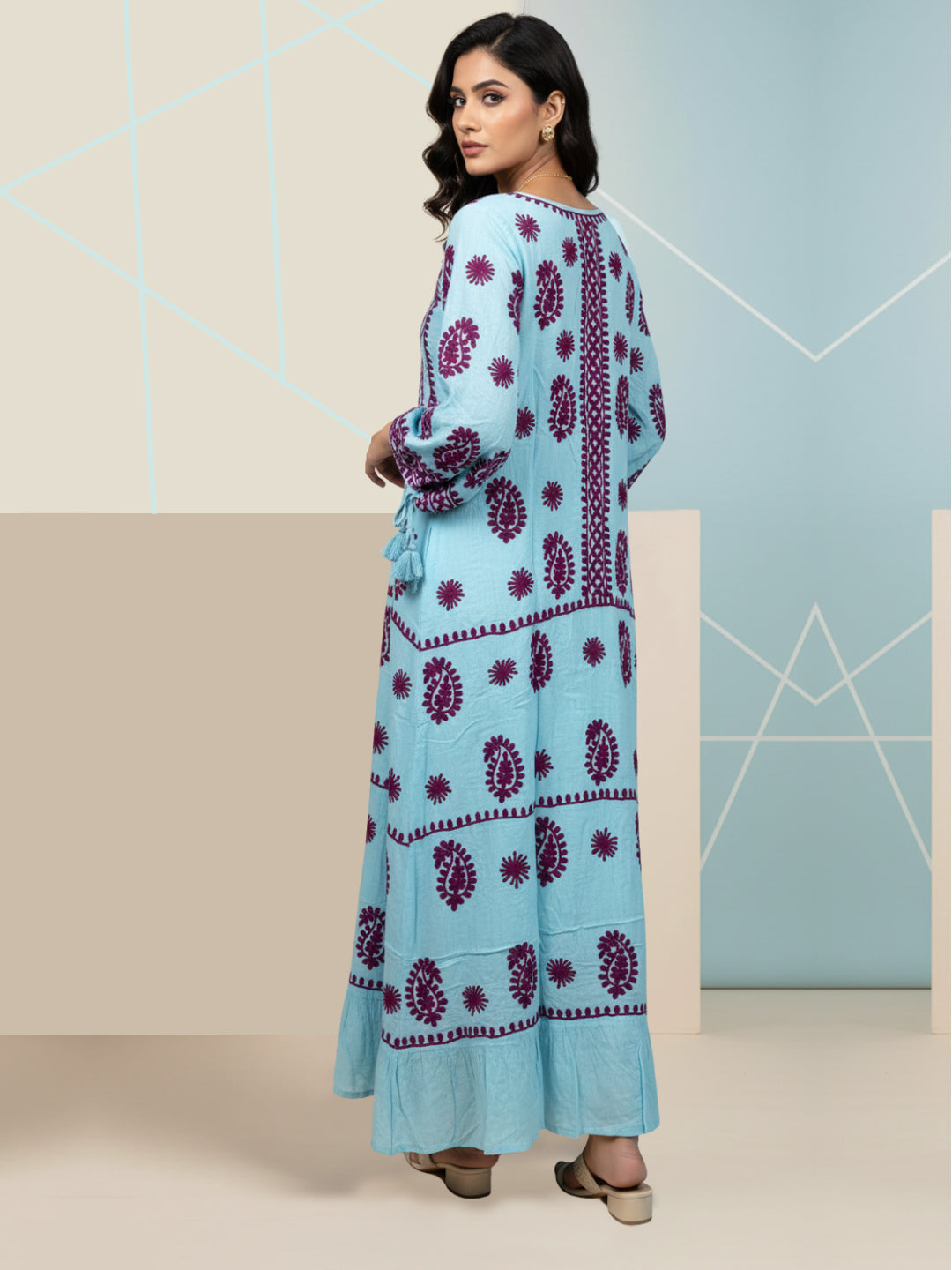 Hand Embroidered Chikankari Rayon Jalabiya-AL4048 Blue