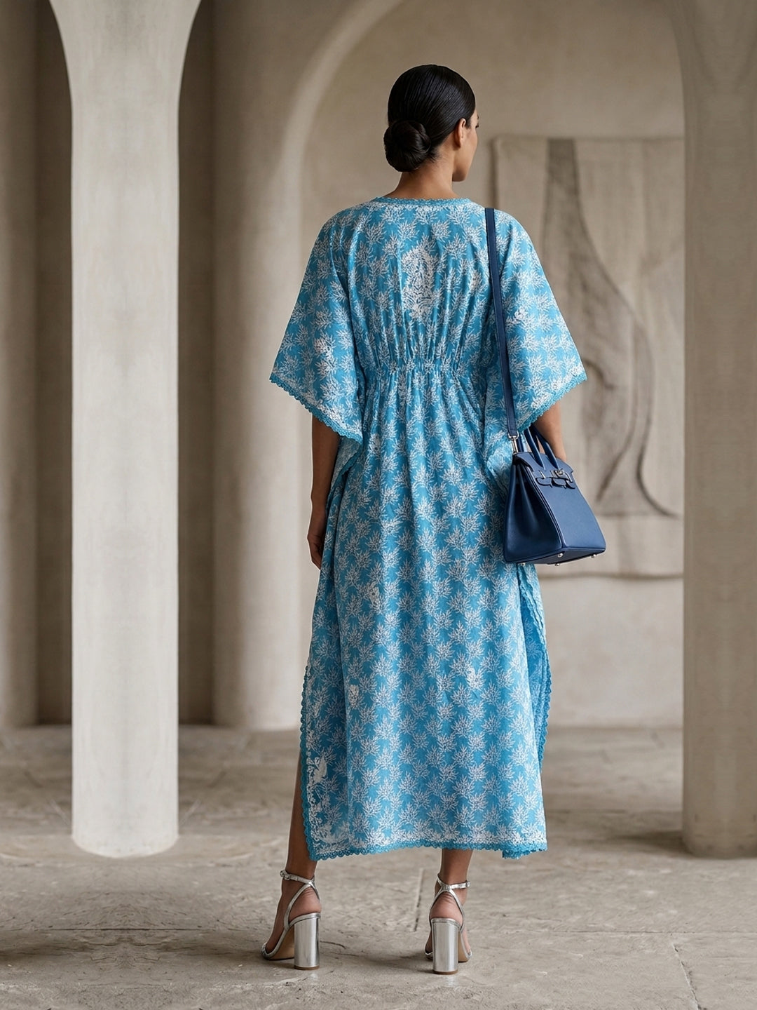 Hand Embroidered Chikankari Cotton Kaftan-AL3833 New Turquoise