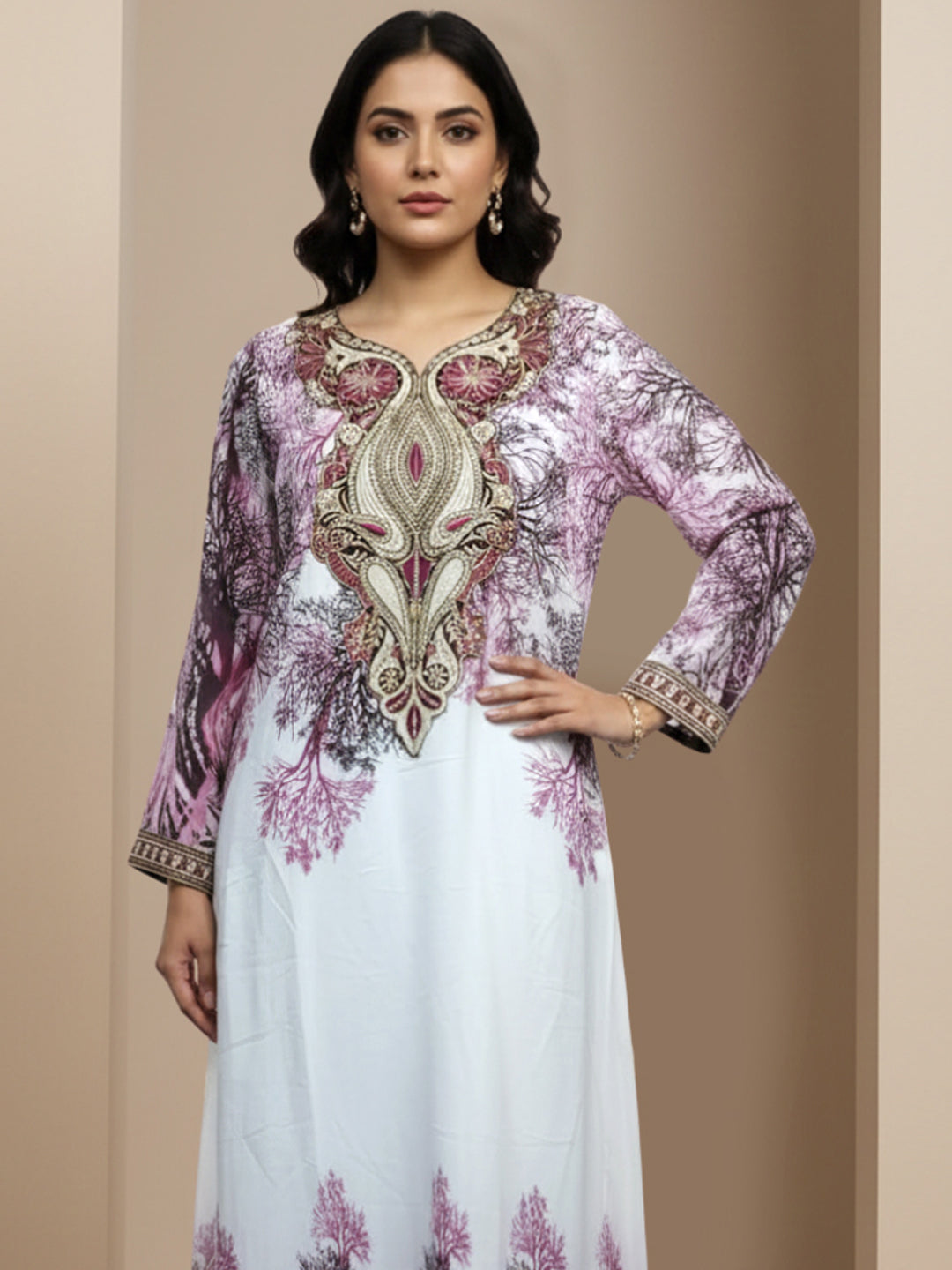 Women Floral Embroidered Chiffon Jalabiya-AL3830 Wine