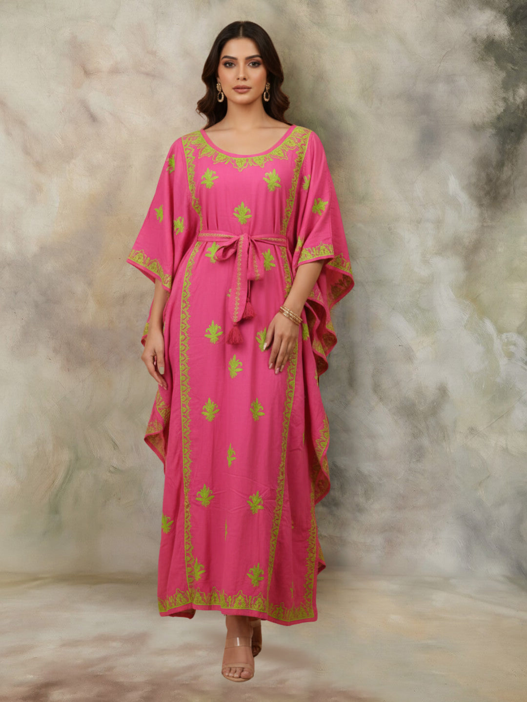 Hand Embroidered Chikankari Modal Kaftan-AL3604A Coralandgreen