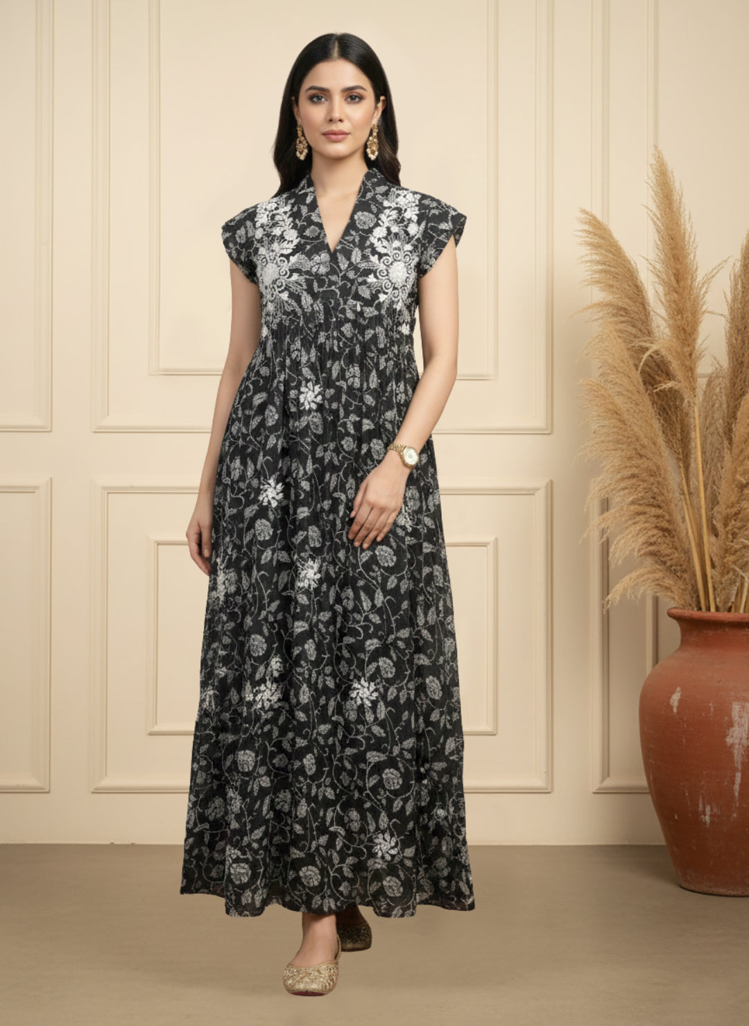 Women Printed Embroidered Cotton Jalabiya with Cap Sleeves-AL3697C Black