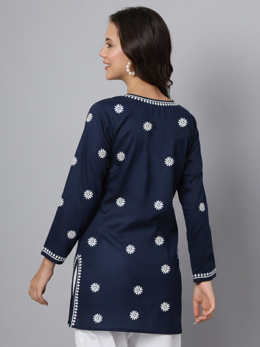 Women Hand Embroidered Modal Chikankari Kurti-AL3611 Navy