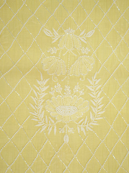 Women Hand Embroidered Premium Chikankari Mul Chanderi Unstitched Kurta Dupatta Bottom Set-ALSCA85201FS Yellow