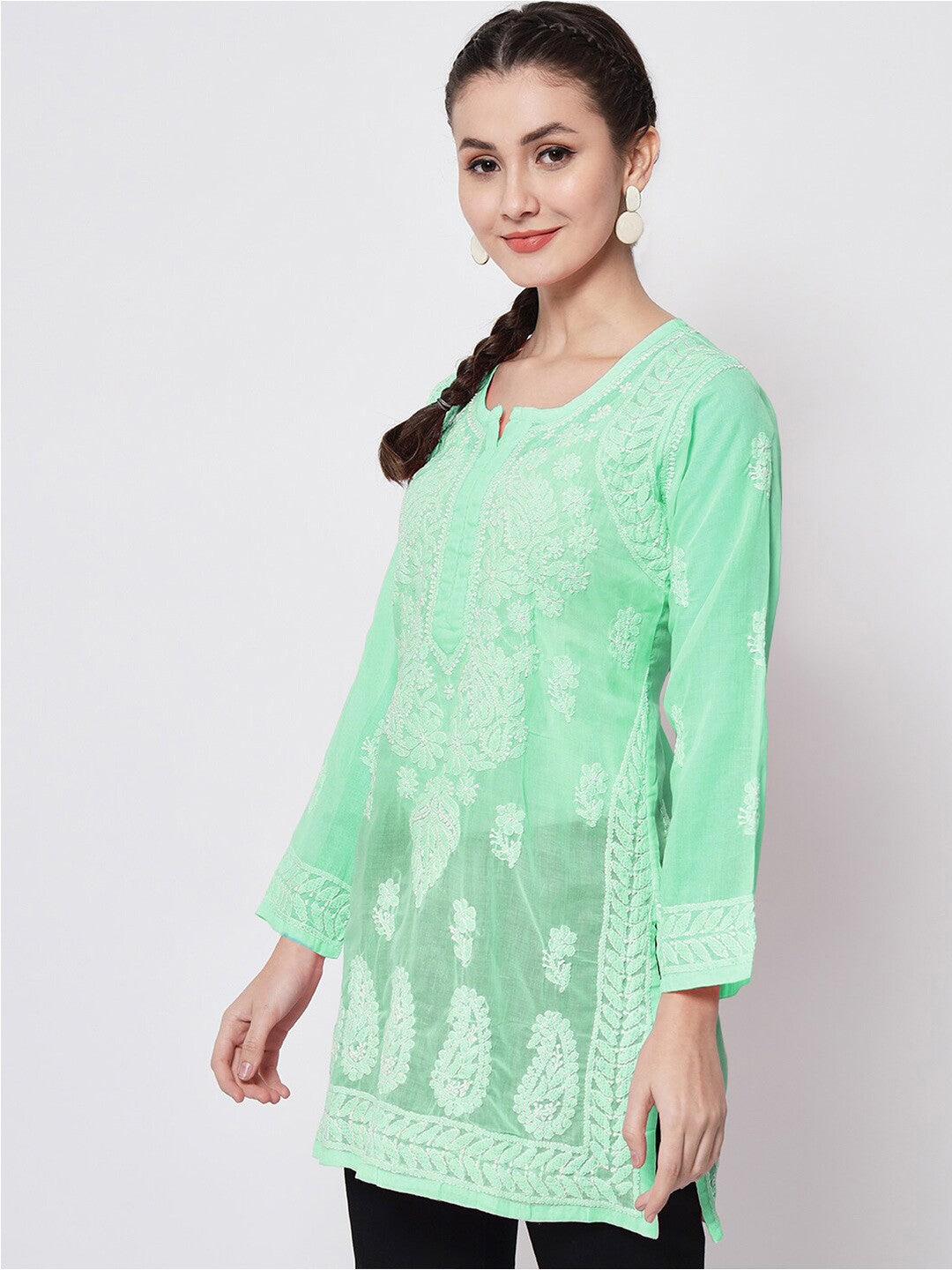 Hand Embroidered Chikankari Cotton Straight Short Kurti-AL3595 Green