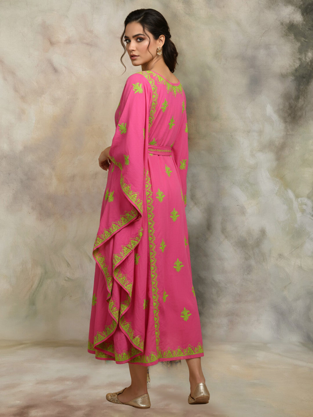 Hand Embroidered Chikankari Modal Kaftan-AL3604A Coralandgreen