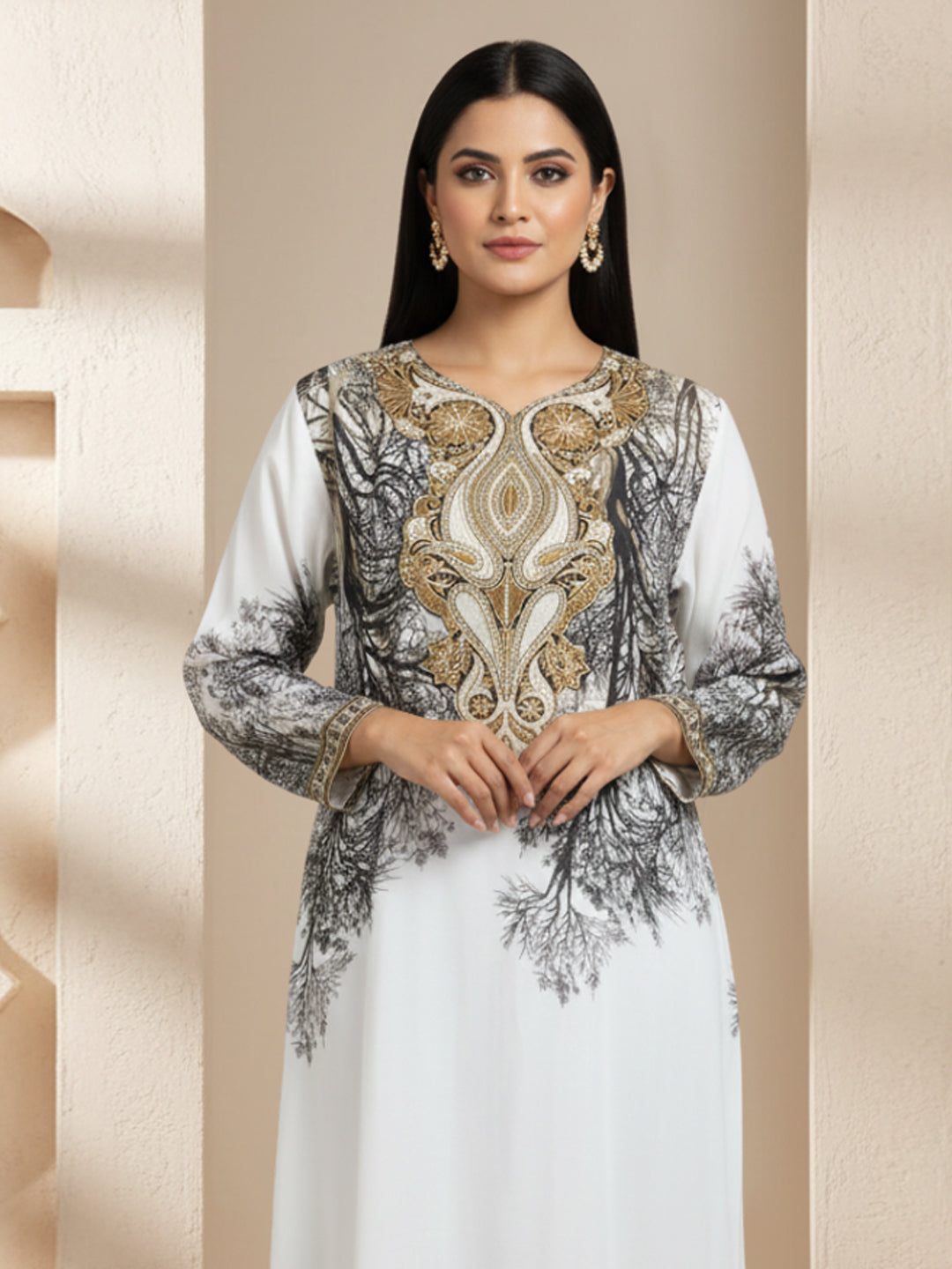 Women Floral Embroidered Chiffon Jalabiya-AL3830 Black