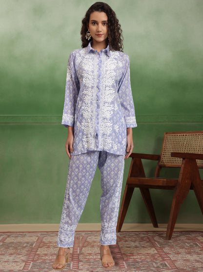 Women Chikankari Printed Mulmul Co-Ord Set for Women-AL4054